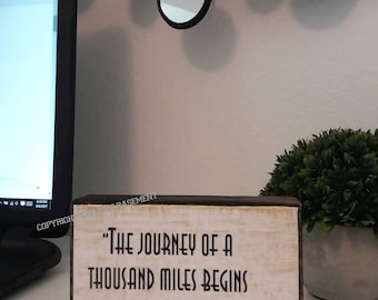 The journey of a thousand miles Lao Tzu Zen Gold Black wooden block quote quotes gift Decor gifts sign birthday bridal friends Desk work