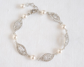Bridal Bracelet, Wedding Pearl Bracelet, Marquise Crystal Bridal Bracelet, Swarovski Pearl Bracelet, Leaf Filigree Bridal Bracelet,AUGUSTINA