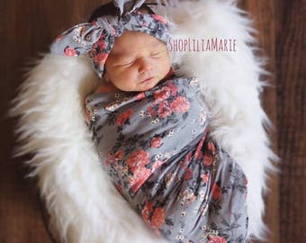 Swaddle Blanket, Grey Floral Swaddle, Grey Swaddle Set with Headband, Swaddle Blanket Set, Girl Blanket, Baby Swaddle, Coming Home Outfit