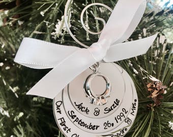Sale! Our first Christmas as Mr and Mrs first Christmas married engagement ring charm personalized wedding ornament custom ornament gift