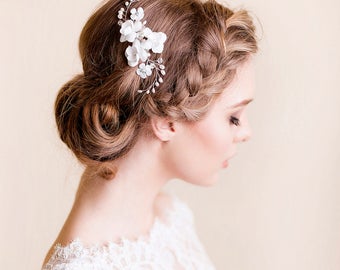 Bridal Hair Accessory - Flower Hair Comb with Freshwater Pearls - Wedding Flower Comb - Bridal Pearl Headpiece