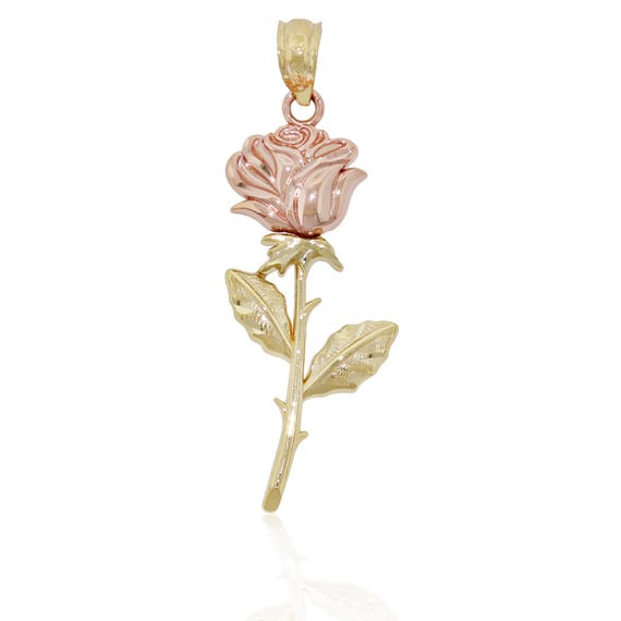 Gold Long Stem Rose Charm 14k Solid Gold Pendant Yellow and