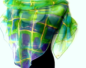 Hand Painted Silk Scarf, Checked, Blue Green Gold Purple, 35" Square Silk Chiffon Scarf, Gift Under 50