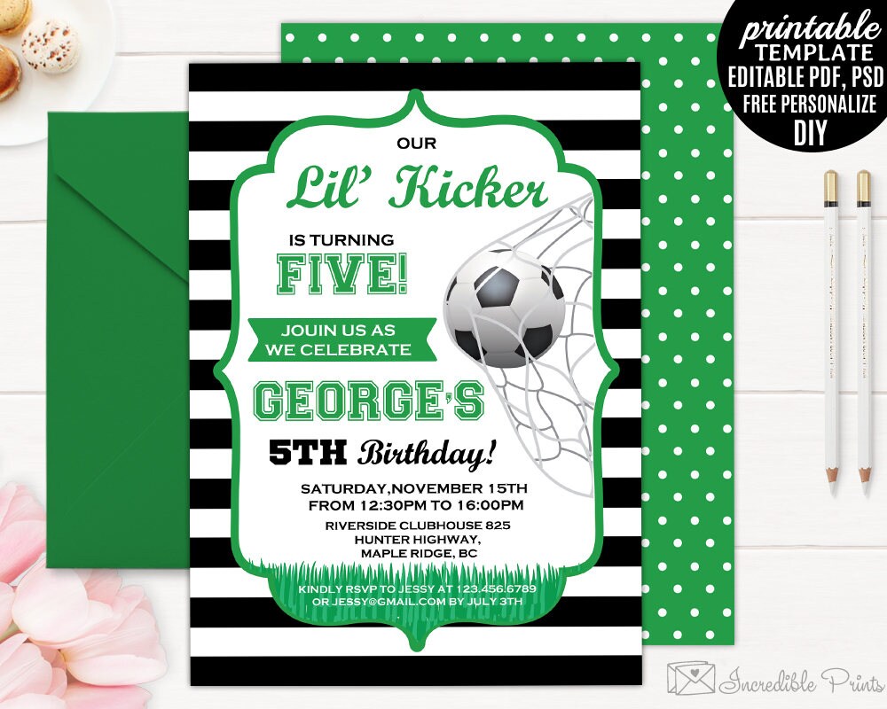 Boy Birthday Soccer Invitation Template. Printable 5th