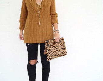 Medium cheetah print hair on hide Leather Clutch