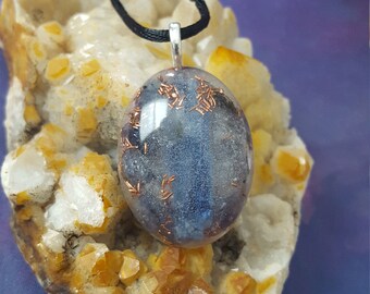 Reiki infused one of a kind blue kyanite, iolite, mica, black tourmaline quartz crystal, selenite, and copper resin pendant w/ necklace cord