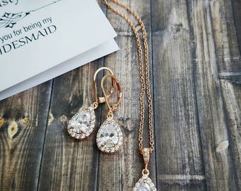 Rose Gold Bridesmaid Jewelry Set, Simple Bridal Jewelry Set, Rose Gold Bridesmaid Earrings Crystal, Bridesmaid Jewelry Crystal Bridesmaid