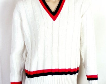 vtg 60s McGregor MINTY Red/White/Blue Cable Knit V-Neck Tennis Sweater sz XL