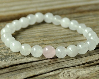 Heart Chakra Mala, Rose Quartz Bracelet, White Jade Bracelet, Crystal Healing, Yoga Bracelet, Meditation Bracelet, Stretch Mala Bracelet