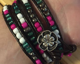 Leather beaded wrap bracelet