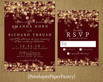 Romantic Burgundy and Gold Wedding Invitation,Glowing Lights,Gold Bokeh,Gold Confetti,Shimmery,Printed Invitation,Wedding Set,Envelope