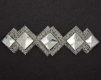 Rhinestone Bead Applique Patch, Bridal Applique by 1 pc, 6-3/8" x 2'', FF-2333