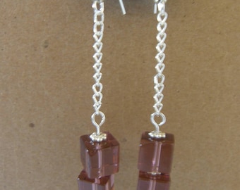 Silver and Plum Pressed Glass Dangle Earrings