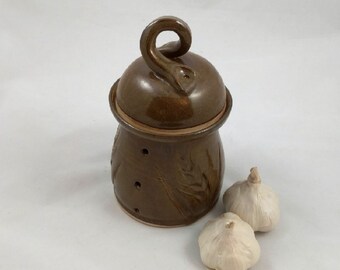 Chocolate Brown Wheat Garlic Jar Handmade Pottery by Daisy Friesen