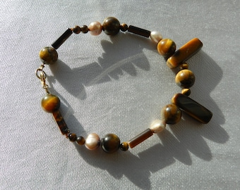 Bracelet, Tiger's Eye with Champagne Pearls