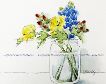 Bluebonnets Indian Paintbrush Primrose Watercolor Painting Print Wildflowers Flowers Floral Bouquet Garden