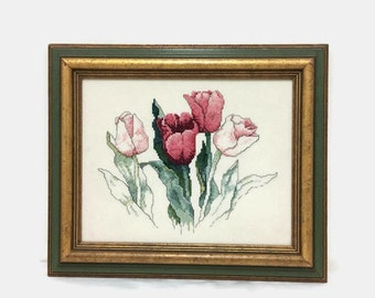 Vintage Framed Needlepoint - Pink Tulips Flowers - Floral Crewel Work - Fiber Art - Spring Decor