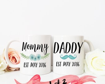 Pregnancy Reveal Mug / Mommy & Daddy Est. with custom date set of TWO mugs / New Parents / Ceramic / Dishwasher Safe