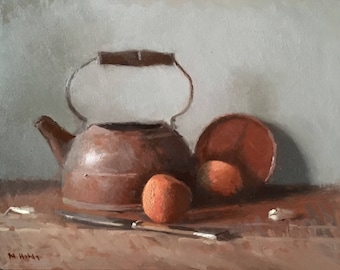 Still life painting - copper kettle and peaches