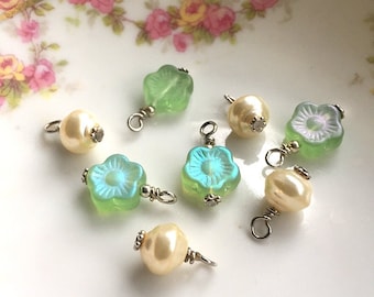 Bead destash 8 handbeaded drops dangles for jewelry making, green glass flower beads and vintage glass pearls, silver wires Lot #3