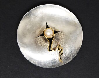 Modern Art Sterling Silver & Pearl Brooch Pendant - Brutalist Satin Silver w Gold Accent - Genuine White Pearl Bead - Conversion Pin Pendant