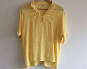 Ladies/vintage/blouse/top/bohemian/boho/boho chic/hippie/summer/short sleeve/yellow/cotton/size small