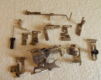 12 Greist Sewing Machine PARTS; Ruffler, Binder, 4-Hemmer, Edge Stitcher, 5-Parts, + Screwdriver with Atlas Box