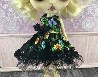 Blythe Dress - Black Floral with Black Bow