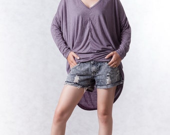 NO.156 Violet Cotton-Blend Jersey Unusual Sleeves Top V-Neck, V-Neck T-Shirt