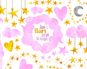 Watercolor Pink Stars and Clouds Clipart - Star Borders Download - Instant Download - Watercolor Clouds and Hanging Stars