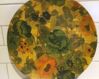 Unusual pretty floral print woven wooden wound serving platter. Vintage, Retro, Gorgeous.