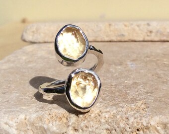 Boho Silver Ring, Raw Gemstone Ring, Citrine Silver Ring, Dual Stone Ring, Double Stone Ring, Adjustable Silver Stone Ring, Citrine Ring