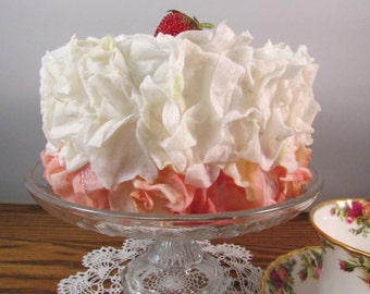 Pink and White Faux Flower Petal Cake with a Strawberry on Top Fake Cake Bridal Shower Decor Birthday Cake Vanilla and Strawberry Cake