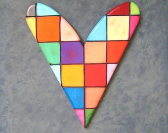 Checkered Heart, Original Wood Wall Sculpture, Heart Wall Art, Wood Carving, Wall Decor, by Fig Jam Studio