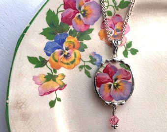Dishfunctional Designs - Broken china jewelry - pink and purple pansy broken china jewelry oval pendant necklace crystals