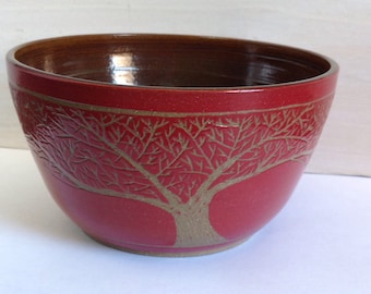 Handmade Sgraffito Stoneware Tree Bowl