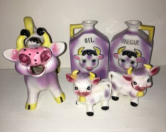 Vintage Lot of Purple Cow Kitchen Items Salt & Pepper Shakers, Oil Vinegar Bottles and Pitcher Anthropomorphic Kitschy Kitsch Cute