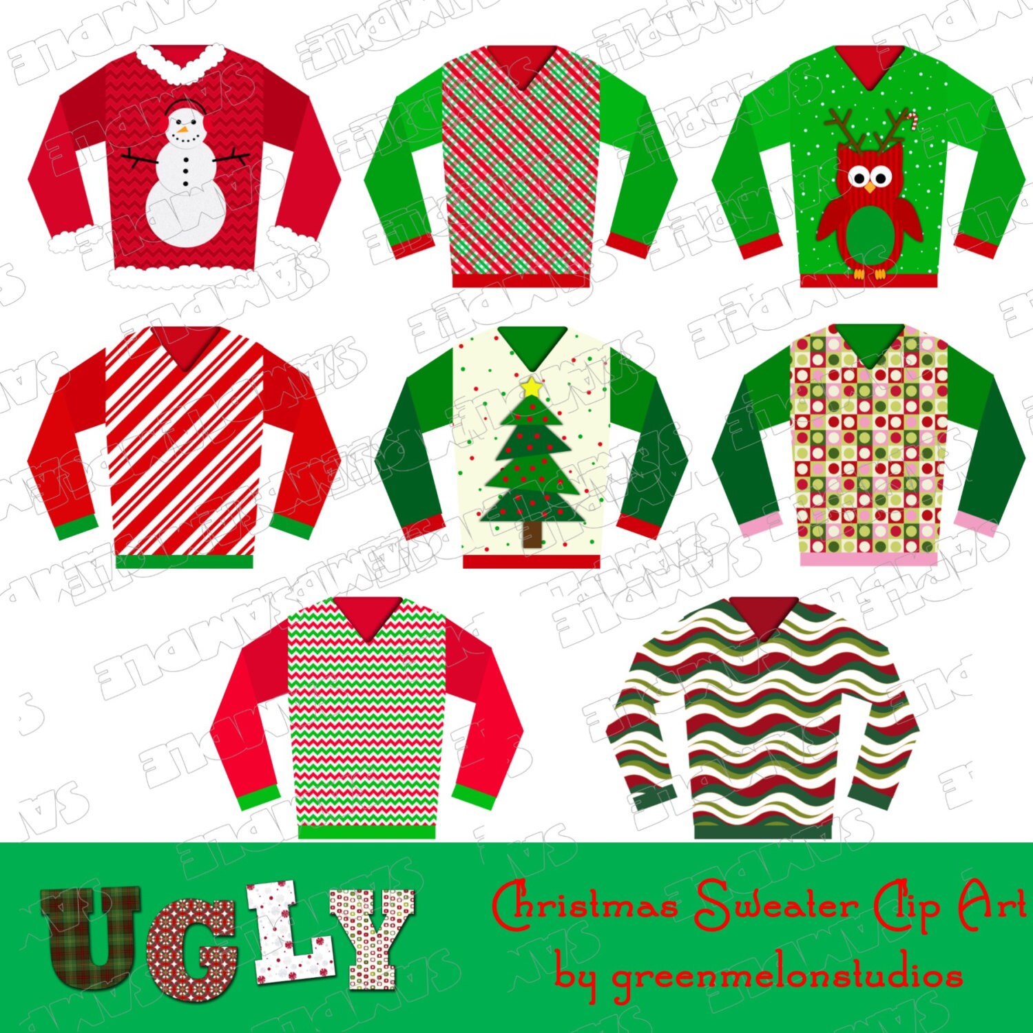 Ugly Christmas Sweater Party Clipart INSTANT DOWNLOAD UPrint