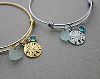 Silver or Gold sand dollar bracelet, adjustable wire bangle bracelet, genuine sea glass Swarovski crystal birthstone, Beach glass jewelry