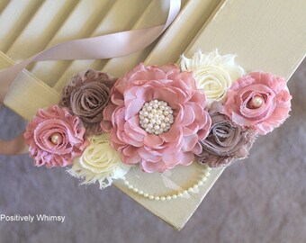 Pink Taupe Maternity Sash, Baby Shower Sash, Maternity Sash, Pink Maternity Sash, Girl Maternity Sash, RTS, Dusty Vintage Pink, Taupe, Ivory