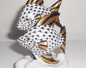 Herend Double Angel Fish Black and Gold Fishnet 15273