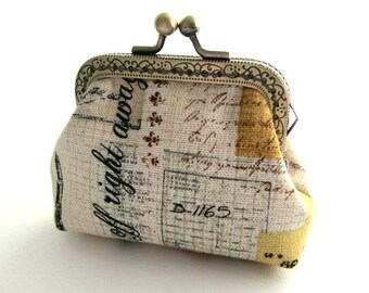 Romantic frame coin pouch with black yellow writing cotton linen fabric, bronze kiss lock clasp purse metal purse frame