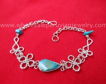 Green Turquoise Teardrop Alpaca Silver Clovers Bracelet Peruvian Jewelry - Handmade in Peru