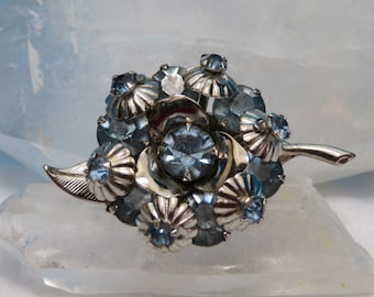 Vintage Flower Brooch with Pale Blue Rhinestones