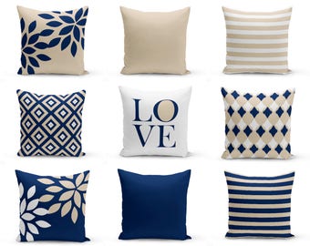 NAVY throw pillows, pillow covers, cushion cover, home decor, mix and match, navy beige white, love, floral, geometric, decorative pillows