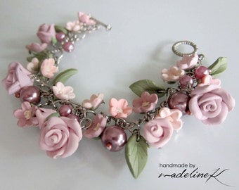 Purple Flower Bracelet, Handmade Polymer Clay Flower Bracelet, Gift For Her, Purple Wedding Bracelet, Lavender Flower Charm Bracelet