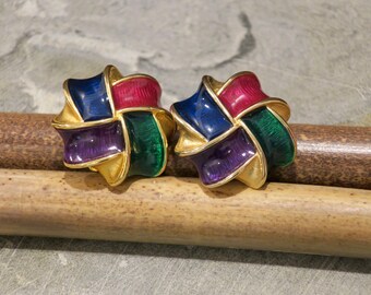 Bright Jewel and Gold Tone 1980s Clip Earrings by Gay Boyer New York