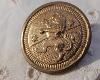 Rampant Lion with Two Stars - One Piece Brass Antique Button