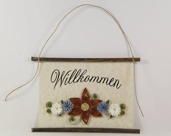 Willkommen, German Welcome, Paper Quilled German Welcome Sign, 3D Quilled Banner, Paper Flower Decor, Brown Blue White Decor, Germany Gift