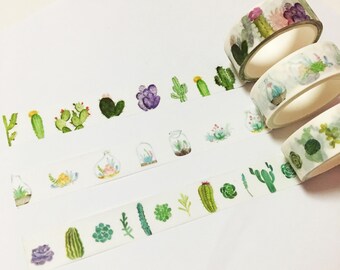Cacti Washi Tape, Succulents Washi Tape, Cactus Washi Masking Tape, Nature Washi Tape, Watercolor, Terrarium, Plant Jar, Potted Plants
